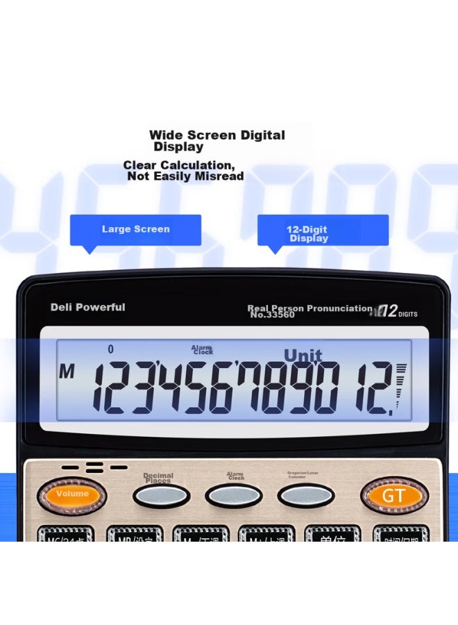 Deli Digit Metal Panel Voice Calculator, Large Crystal Buttons, Large Screen Financial Calculator, Office Supplies, Medium Size, Champagne Gold 33560 - Image 3