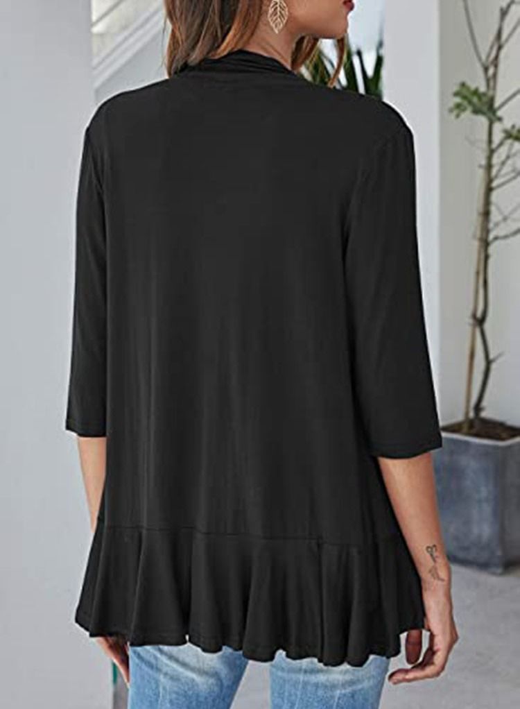 Loquat Autumn New Solid Color Seven-point Sleeve Lotus Lace Up Cardigan Coat  - Image 2