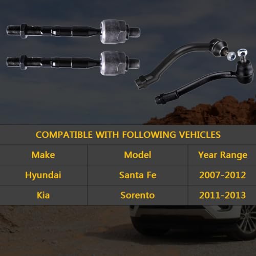 HHCM 4pc Front Outer Inner Tie Rod End Kit ES800035 ES800055 EV800231 for Hyundai Santa Fe 2007 2008 2009 2010 2011 2012, for Kia Sorento 2011-2013, Steering Outer Tie Rods and Inner Tie Rod End - Image 2