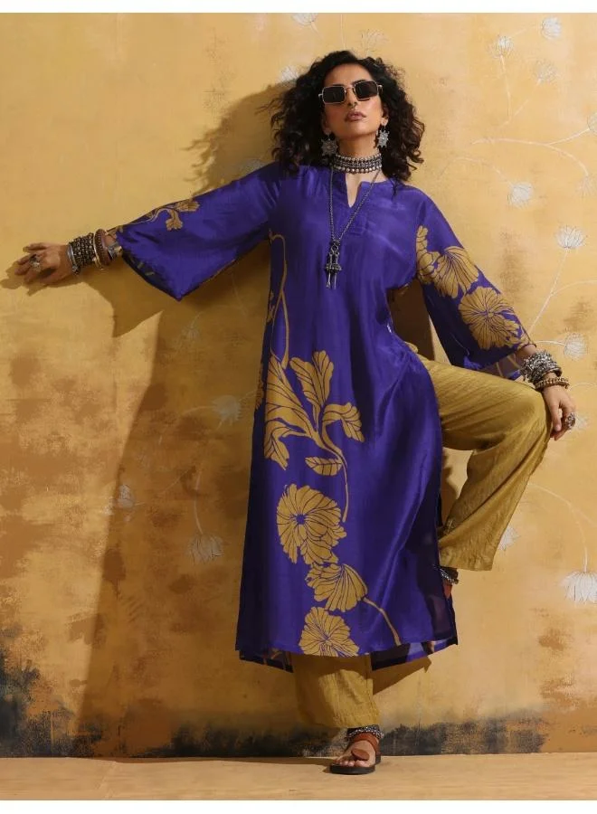 ترو برونز trueBrowns Purple Mustard Floral Print Muslin Silk High-Slit Kurta Set
