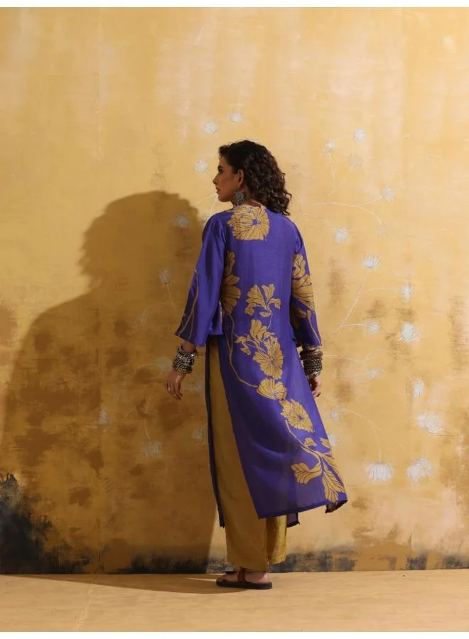 ترو برونز trueBrowns Purple Mustard Floral Print Muslin Silk High-Slit Kurta Set