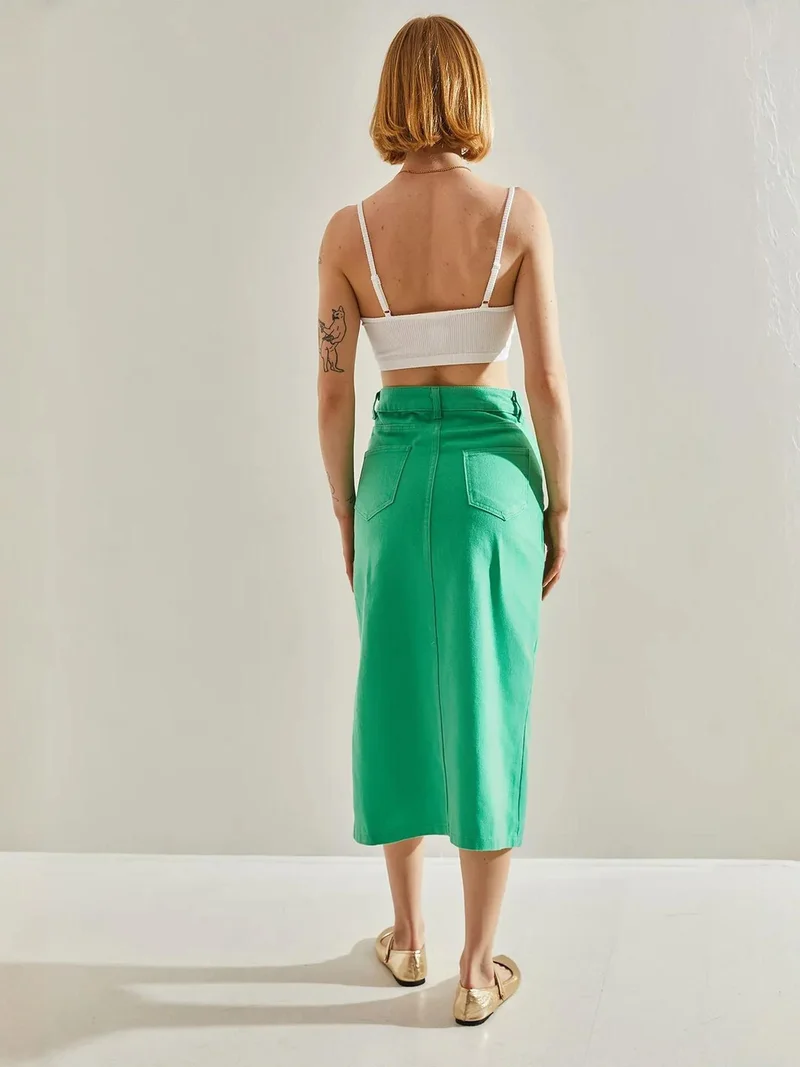 Bianco Lucci Green LUCCI High Waist Slit Midi Denim Skirt for Women | Best Price UAE