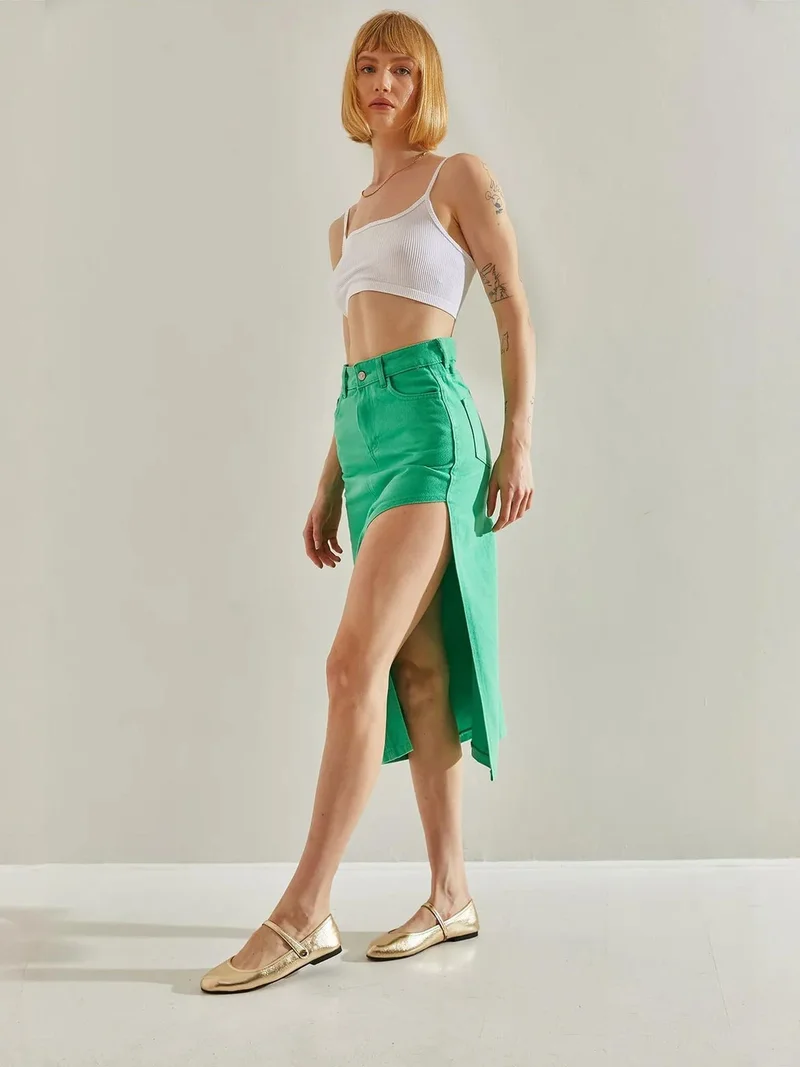 Bianco Lucci LUCCI High Waist Slit Midi Denim Skirt