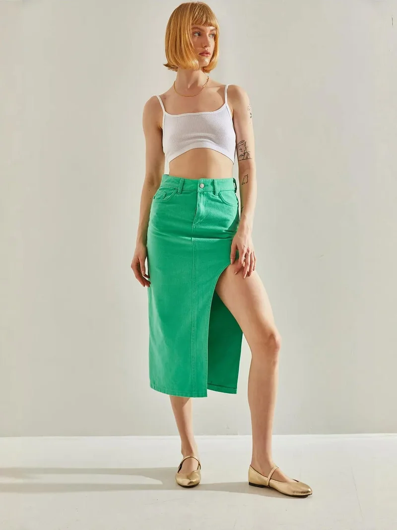 Bianco Lucci Green LUCCI High Waist Slit Midi Denim Skirt for Women | Best Price UAE