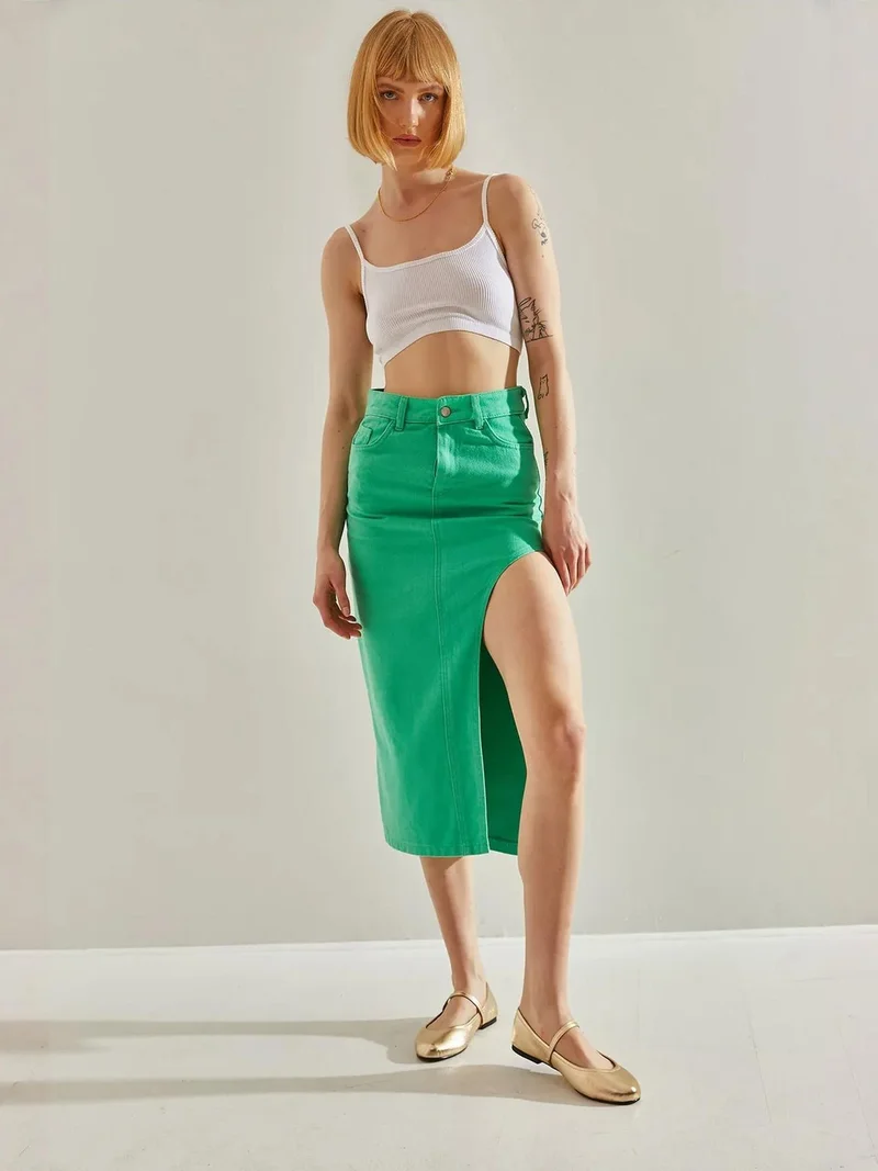 Bianco Lucci Green LUCCI High Waist Slit Midi Denim Skirt for Women | Best Price UAE
