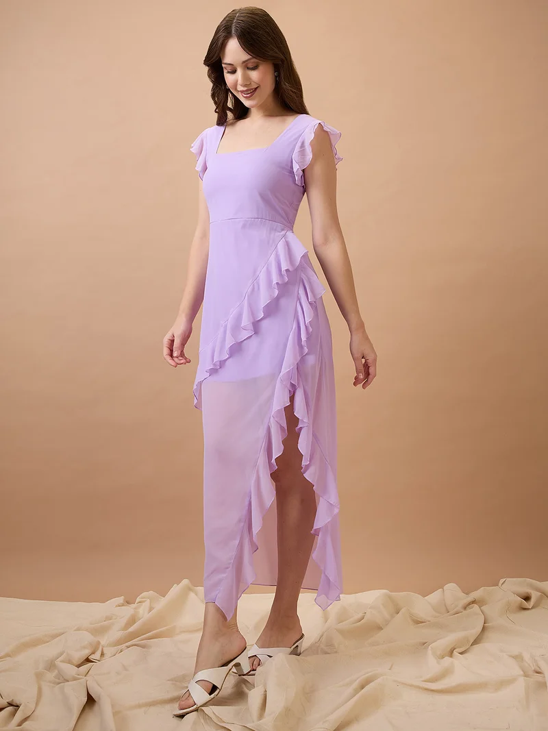 globus Women Square Neck Cap Sleeves High-Low Ruffle Hem Maxi A-Line Dress