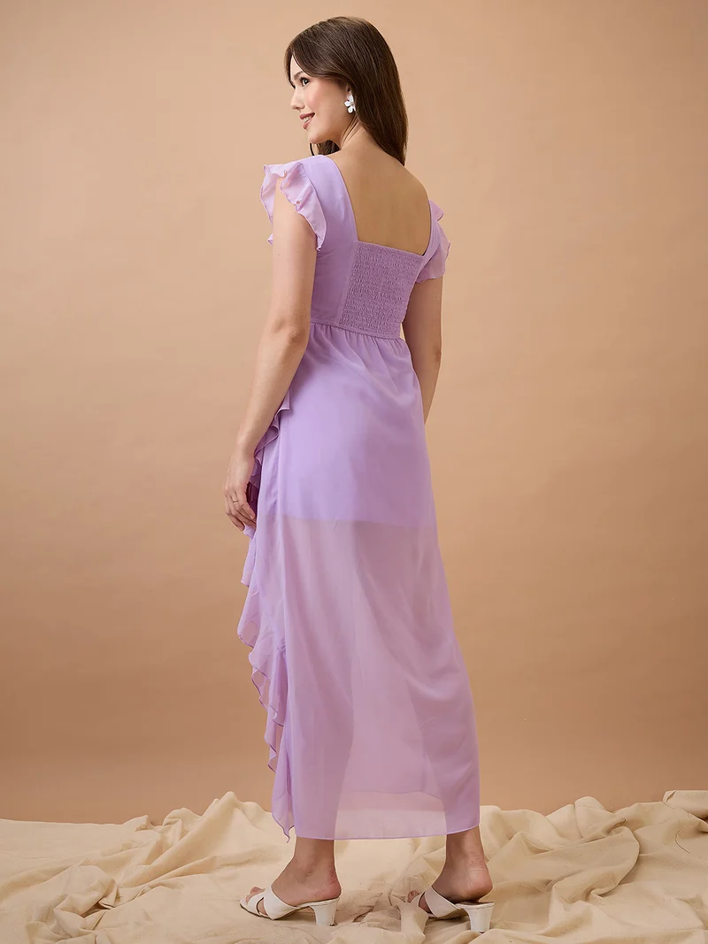 globus Women Square Neck Cap Sleeves High-Low Ruffle Hem Maxi A-Line Dress