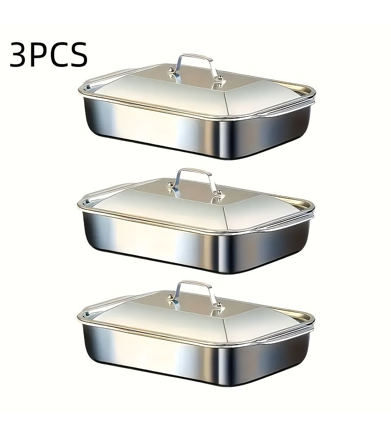 3 Pcs Stainless Steel Fish Roasting Pan With Lid Enormous Baking Pan Buffet Pan Seafood Pan Suitable For Oven Baking Party Serving Fruit Salads Grilled Meat Skewers - Image 1
