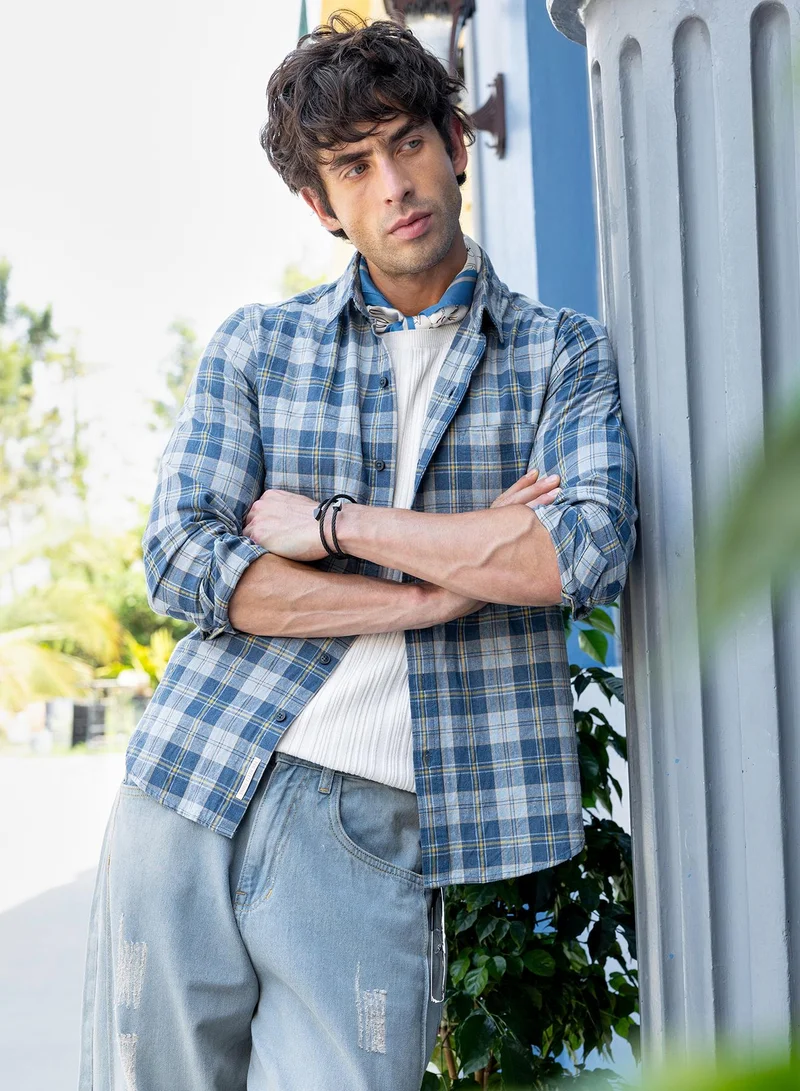 CAHOOT Men's Blue Checkered Regular Shirt For Casual Wear | Collared Neck | Long Sleeve | Button Closure | Cotton Shirt Crafted With Comfort Fit For Everyday Wear