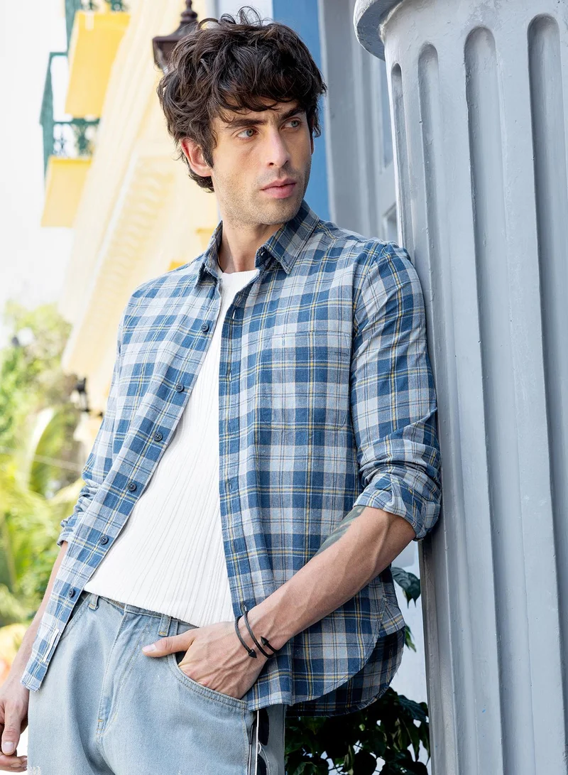 CAHOOT Men's Blue Checkered Regular Shirt For Casual Wear | Collared Neck | Long Sleeve | Button Closure | Cotton Shirt Crafted With Comfort Fit For Everyday Wear