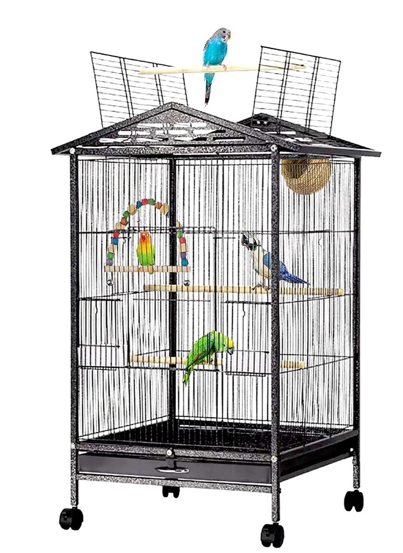 Wrought Iron Flight Bird Cage with Rolling Stand for Cockatiels Parakeets Pigeons Parrot Lovebird Bird Playground Black