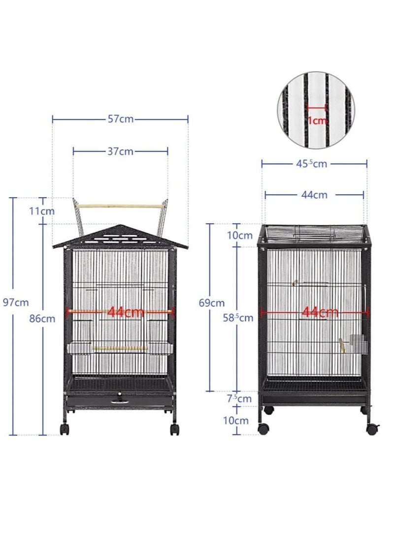 Wrought Iron Flight Bird Cage with Rolling Stand for Cockatiels Parakeets Pigeons Parrot Lovebird Bird Playground Black