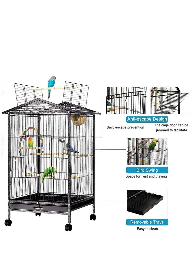Wrought Iron Flight Bird Cage with Rolling Stand for Cockatiels Parakeets Pigeons Parrot Lovebird Bird Playground Black