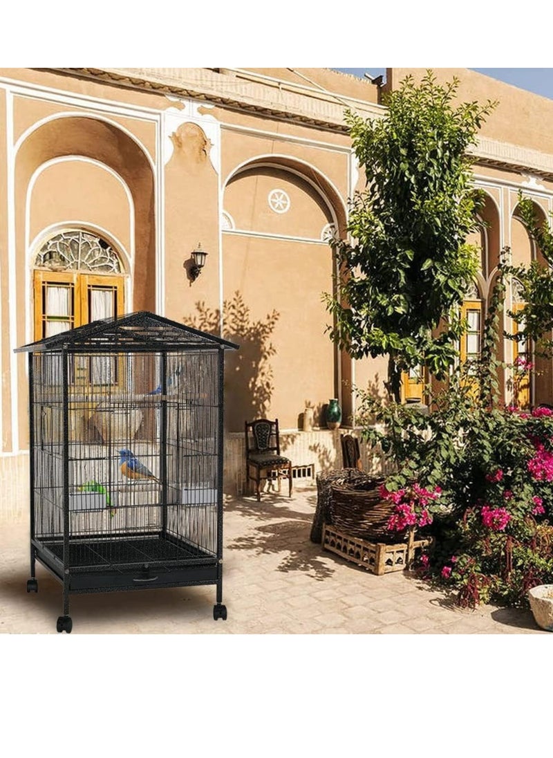 Wrought Iron Flight Bird Cage with Rolling Stand for Cockatiels Parakeets Pigeons Parrot Lovebird Bird Playground Black