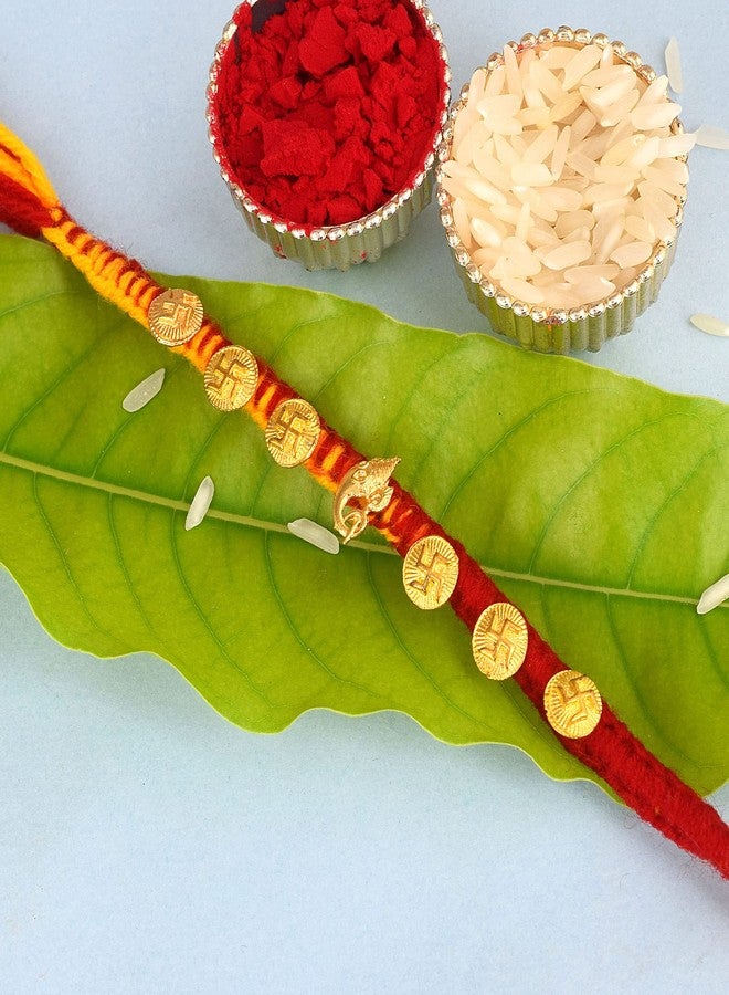 DULCI Raksha Bandhan Rakhi for Brother Pack of 1 Handcrafted Ganesha with Swastika Golden Design Rakhi Thread Bracelets - Image 3
