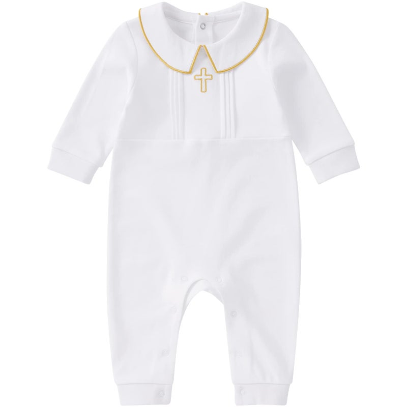 pureborn Baby Boy's Baptism Outfit Christening Jumpsuit Cotton Blessing Romper for Infant 6-9 Months White - Image 1