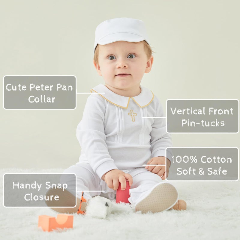 pureborn Baby Boy's Baptism Outfit Christening Jumpsuit Cotton Blessing Romper for Infant 6-9 Months White - Image 2