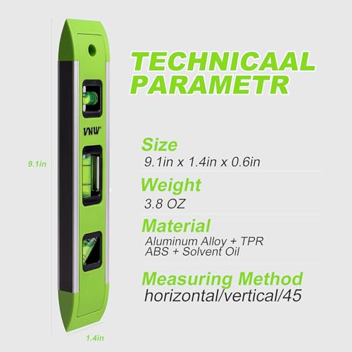 VNW 9 Inch Torpedo Level, Magnetic Bubble Level with 45°/90°/180° Bubble Vials, Shock Resistant Leveler Tool for Measuring (2) - Image 3