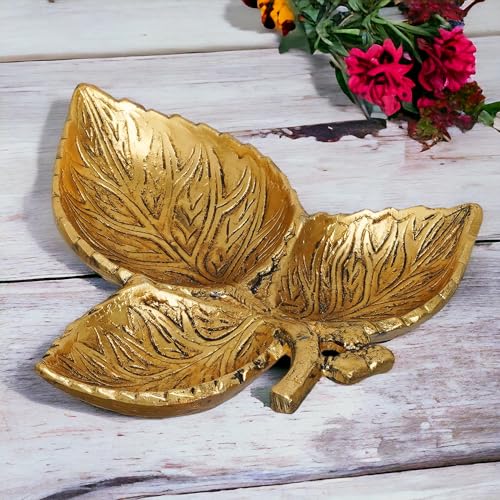 KridayKraft Hand Crafted Metal 3 Part Leaf Shape Tray Perfect for Home Centre Table Serving Dry Fruits (Golden, Pack of 1) - Image 4