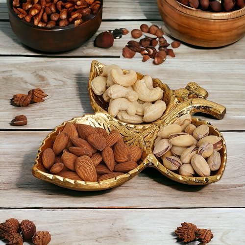KridayKraft Hand Crafted Metal 3 Part Leaf Shape Tray Perfect for Home Centre Table Serving Dry Fruits (Golden, Pack of 1) - Image 3