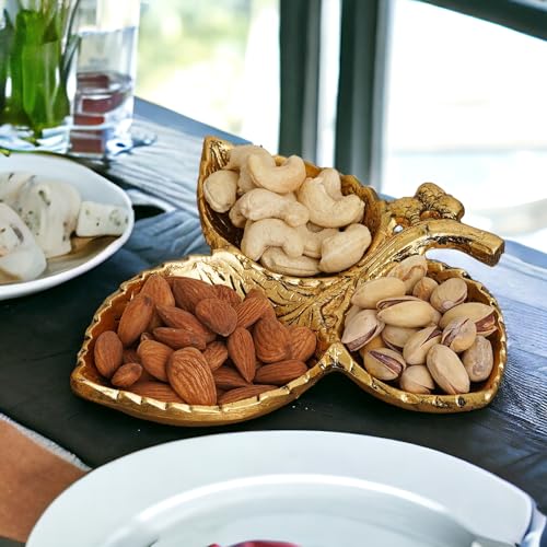 KridayKraft Hand Crafted Metal 3 Part Leaf Shape Tray Perfect for Home Centre Table Serving Dry Fruits (Golden, Pack of 1) - Image 1