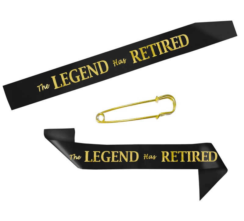 JPACO The Legend Has Retired Sash – Elegant Black and Gold Foil Legendary Sash for Both Women and Men & a Large Gold Safety Pin. Perfect for Retirement Parties - Image 5