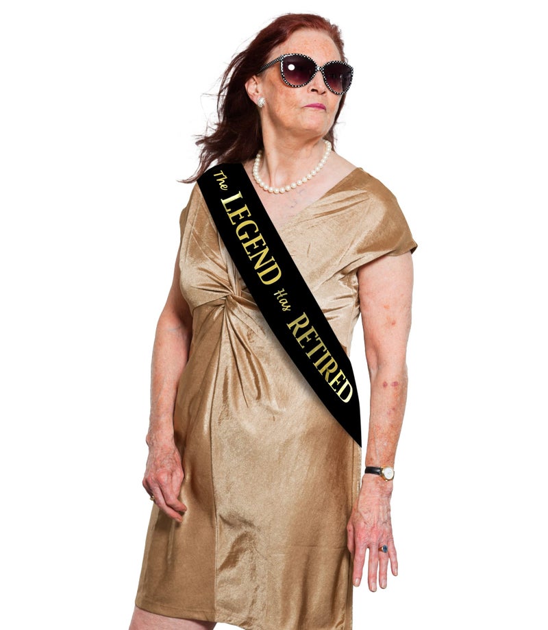 JPACO The Legend Has Retired Sash – Elegant Black and Gold Foil Legendary Sash for Both Women and Men & a Large Gold Safety Pin. Perfect for Retirement Parties - Image 4