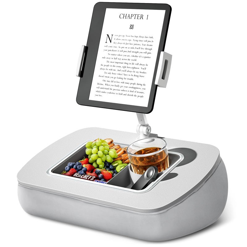 ERGONOV Tablet Stand Pillow with Snack Bowl, iPad Lap Holder for Hands-Free Reading and Relaxation on Bed,Couch,Recliner, 360Â° Rotating Clip for 4.7-13" Kindle,eBook,Tablet,iPhone (Light Gray) - Image 1