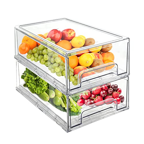 Mano 2Pack Clear Fridge Drawers Pull Out Stackable Refrigerator Drawer Organizer Bins Pantry Storage Box Plastic Food Containers for Kitchen Bathroom Office Closet 2packLarge