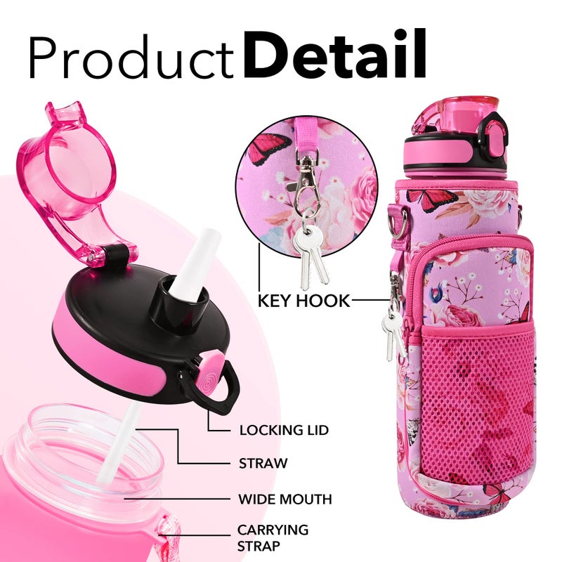 Newfad 32 oz Water Bottles with Straw & Strap, Motivational Water Bottles with Times to Drink, BPA Free Reusable Sports Water Bottle with Sleeve Carrier for Gym, Workout or Fitness (Butterfly in Love) - Image 4