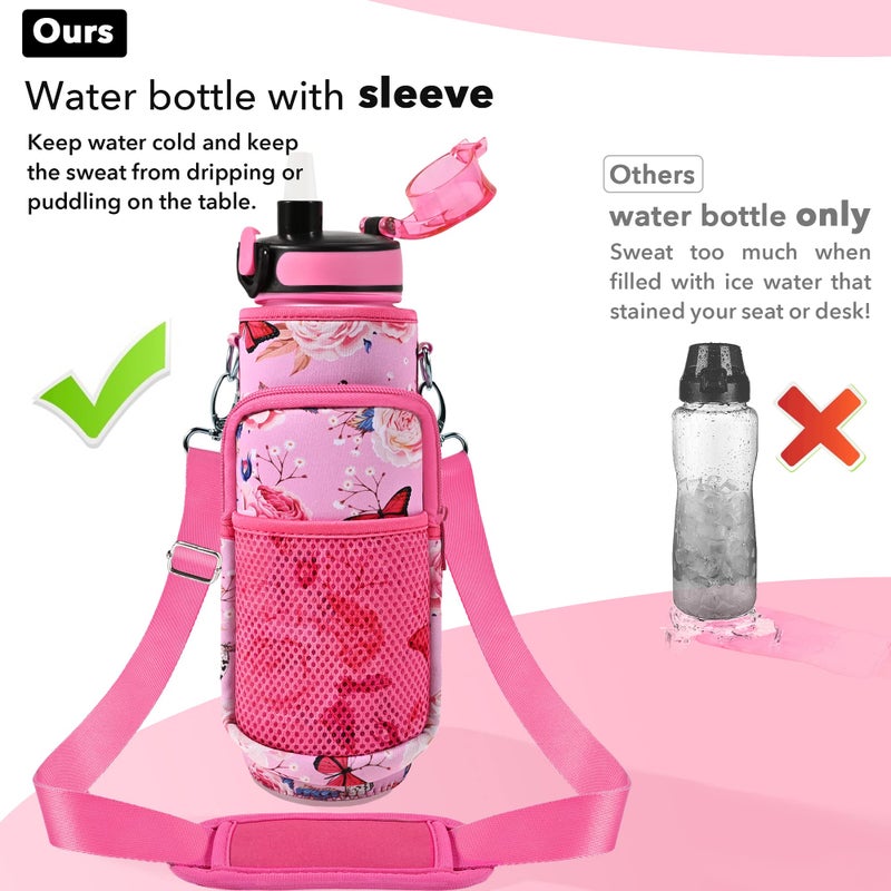 Newfad 32 oz Water Bottles with Straw & Strap, Motivational Water Bottles with Times to Drink, BPA Free Reusable Sports Water Bottle with Sleeve Carrier for Gym, Workout or Fitness (Butterfly in Love) - Image 5