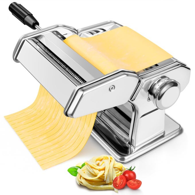 PASTA MAKER MACHINE STAINLESS STEEL MANUAL PASTA ROLLER CUTTER WITH 7 THICKNESS SETTINGS FOR HOMEMADE SPAGHETTI FETTUCCINE RAVIOLI INCLUDES DETACHABLE HEADS CRANK HANDLE TABLE CLAMP