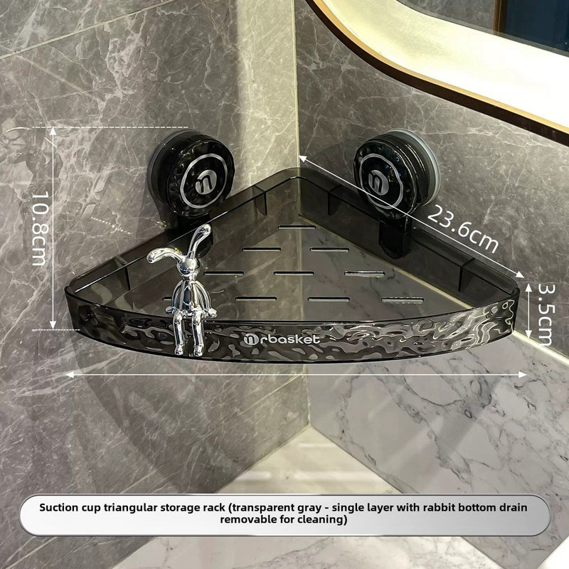 Bathroom suction cup triangle storage rack punch-free wall-mounted shelf bathroom toilet washstand corner storage rack(Triangle-transparent gray Silver + rabbit) - Image 1