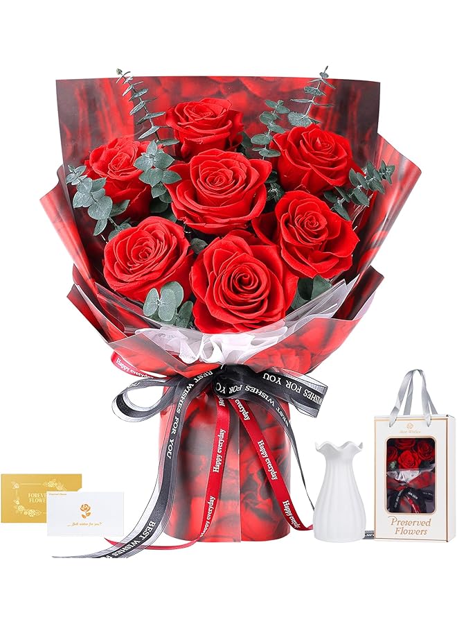 Preserved Flowers Bouquet 7 Roses - Red Real Rose & Flowers for Delivery, Long-Lasting Flower with Gift Box, Eternal Roses Bouquet for Mothers, Mom, Wife, Anniversary Birthday Gifts for Women