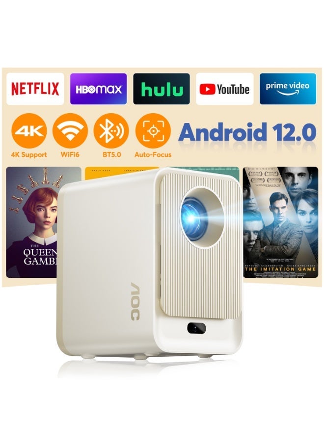 اي او سي بروجيكتور ذكي محكم الإغلاق بدقة 1080P، 300 ANSI و12000 لومن وتركز تلقائي وAndroid 12.0، بروجيكتور مع Wifi6 وBluetooth 5.0، شاشة 250 بوصة، بروجيكتور محمول للهاتف/الكمبيوتر/HDMI/USB، للاستخدام المنزلي والخارجي - Image 1