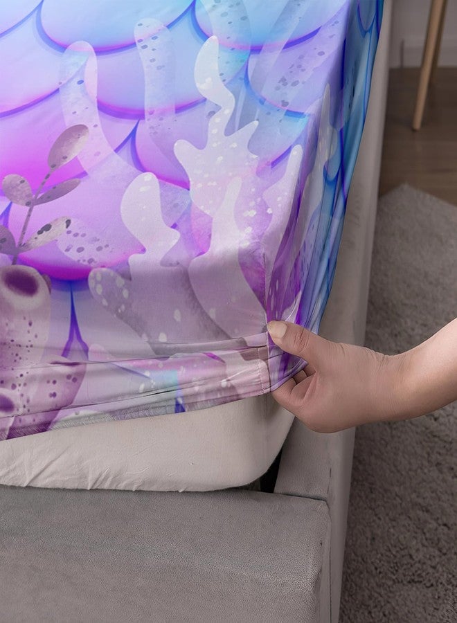AILONEN Mermaid Fitted Sheet for Kids Girls Twin Size, Mermaid Princess Bedding Set,Ocean Theme Bed Sheet Set,Purple Blue Watercolor Fish Scale BedSheets Set,1 Fitted Sheet 2 Pillowcases,3 PCS - Image 4