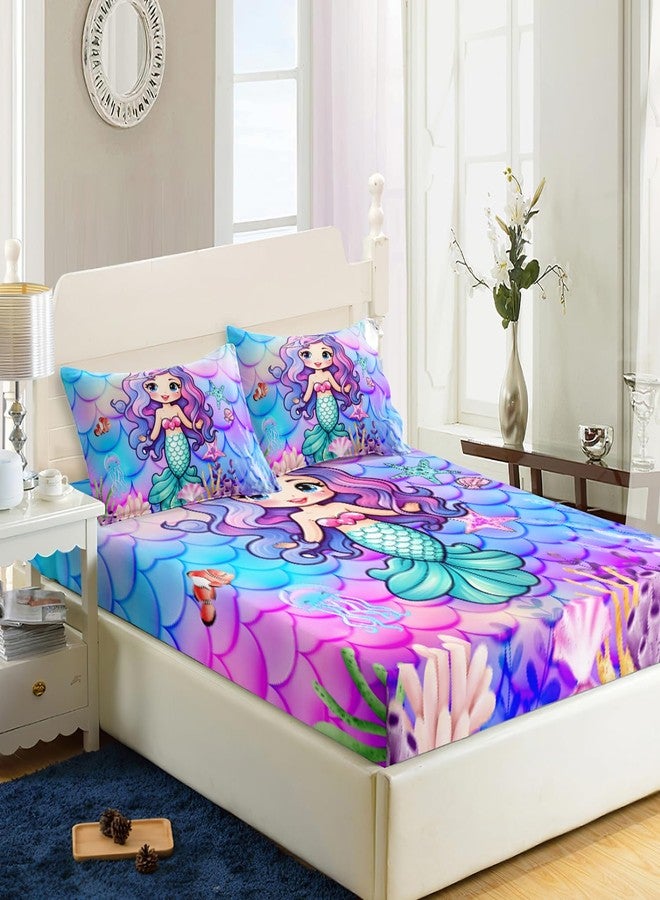 AILONEN Mermaid Fitted Sheet for Kids Girls Twin Size, Mermaid Princess Bedding Set,Ocean Theme Bed Sheet Set,Purple Blue Watercolor Fish Scale BedSheets Set,1 Fitted Sheet 2 Pillowcases,3 PCS - Image 3