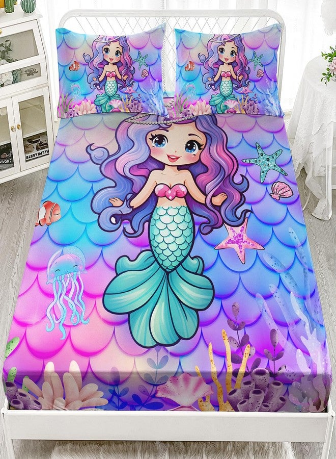 AILONEN Mermaid Fitted Sheet for Kids Girls Twin Size, Mermaid Princess Bedding Set,Ocean Theme Bed Sheet Set,Purple Blue Watercolor Fish Scale BedSheets Set,1 Fitted Sheet 2 Pillowcases,3 PCS - Image 1