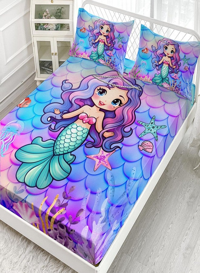 AILONEN Mermaid Fitted Sheet for Kids Girls Twin Size, Mermaid Princess Bedding Set,Ocean Theme Bed Sheet Set,Purple Blue Watercolor Fish Scale BedSheets Set,1 Fitted Sheet 2 Pillowcases,3 PCS - Image 2