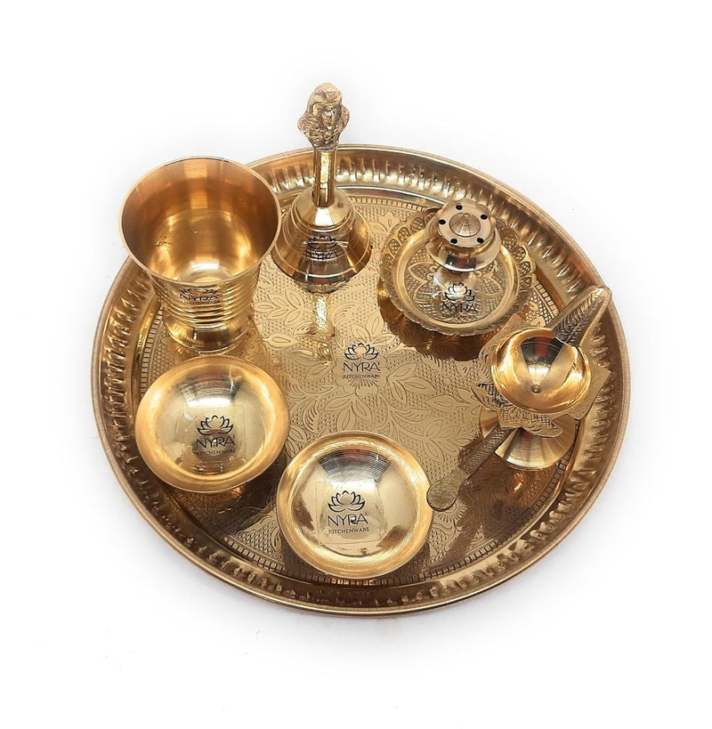 NYRA NYRA Brass Pooja Thali Set with Diya Bell Kalash Incense Holder and Bowls Making it Ideal for Daily Worship and Special Ceremonies