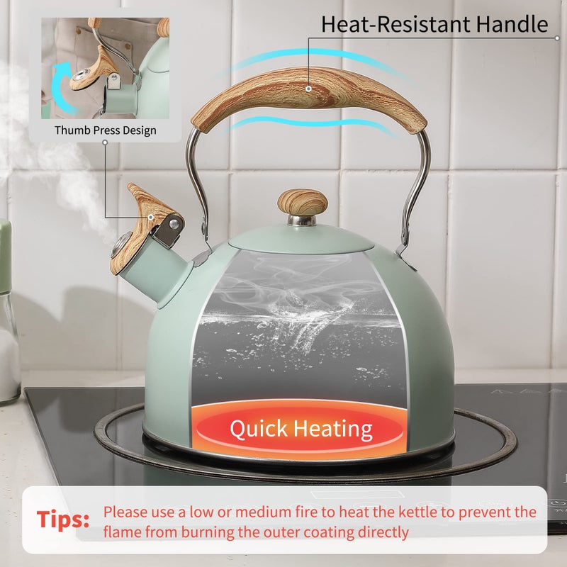 LONFFERY Tea Kettle for Stove Top, 2.5 Quart Whistling Tea Kettle, with Food Grade Stainless Steel and Wood Pattern Folding Handle, Turquoise - Image 4