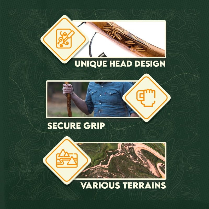 SE 60-Inch Natural Wood Walking Stick with Root Head & Steel Tip - Hand-Carved Floral Design, Huangtang Wood, Grooved Grip - WS631-60RH - Image 1