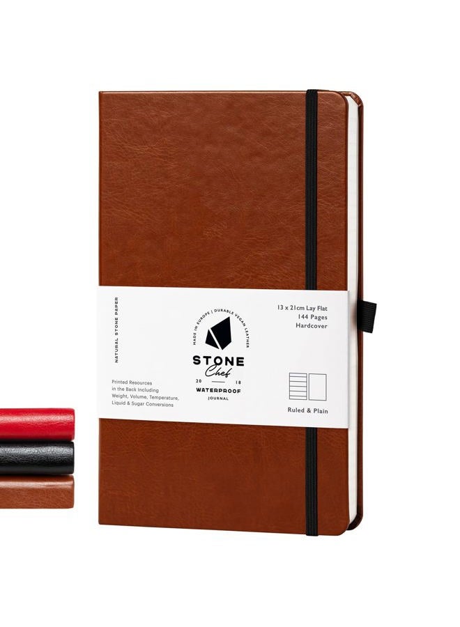 STONE Journal Chef Notebook – Tan Brown 13 × 21 cm Waterproof Paper, 144 Pages, Half Lined & Half Blank, Vegan Leather Hardcover, Kitchen Conversions, Premium Journal - Image 1