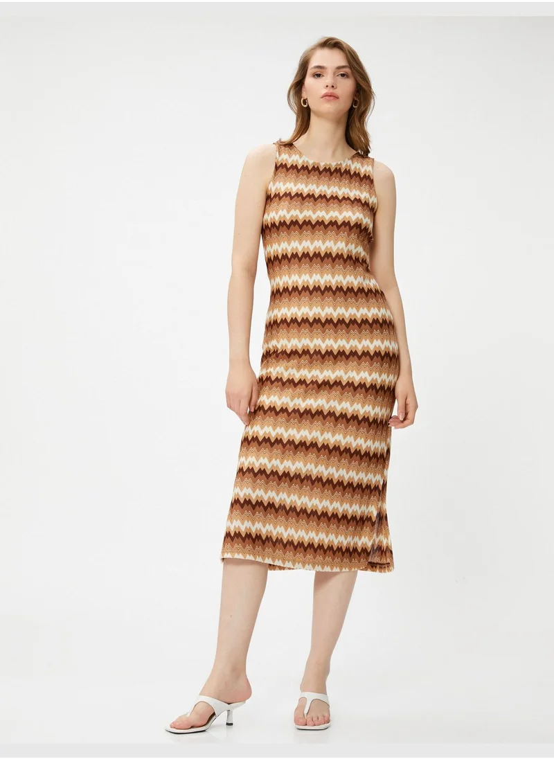 KOTON Slitted Sleeveless Zigzag Patterned Midi Dress