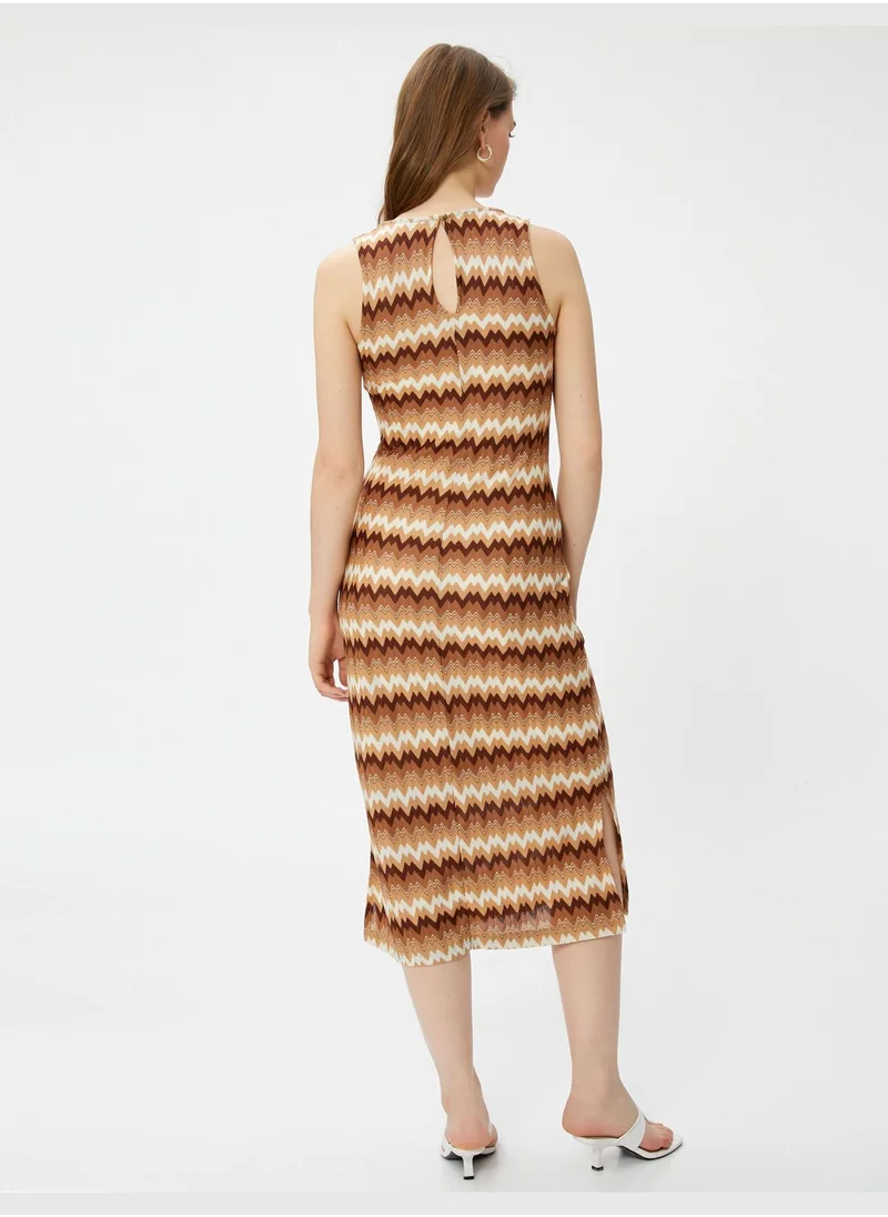 KOTON Slitted Sleeveless Zigzag Patterned Midi Dress