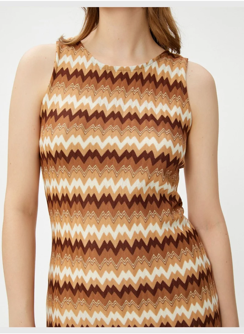 KOTON Slitted Sleeveless Zigzag Patterned Midi Dress