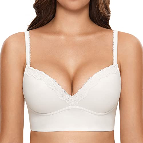 DOBREVA Women's Push Up Bra Wireless Padded No Underwire Back Smoothing Bralettes Sports Bras White 32D - Image 1