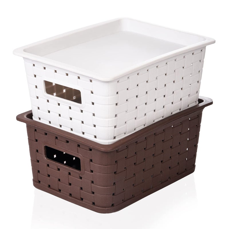 Kuber Industries Kuber Industries BPA Free Attractive Design Multipurpose Small Trendy Storage Basket With Lid|Material-Plastic|Color-Brown,Grey|Pack of 2 - Image 1