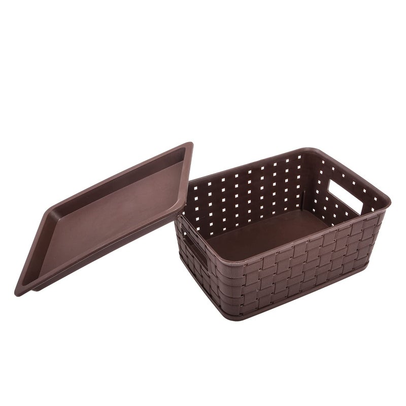 Kuber Industries Kuber Industries BPA Free Attractive Design Multipurpose Small Trendy Storage Basket With Lid|Material-Plastic|Color-Brown,Grey|Pack of 2 - Image 4