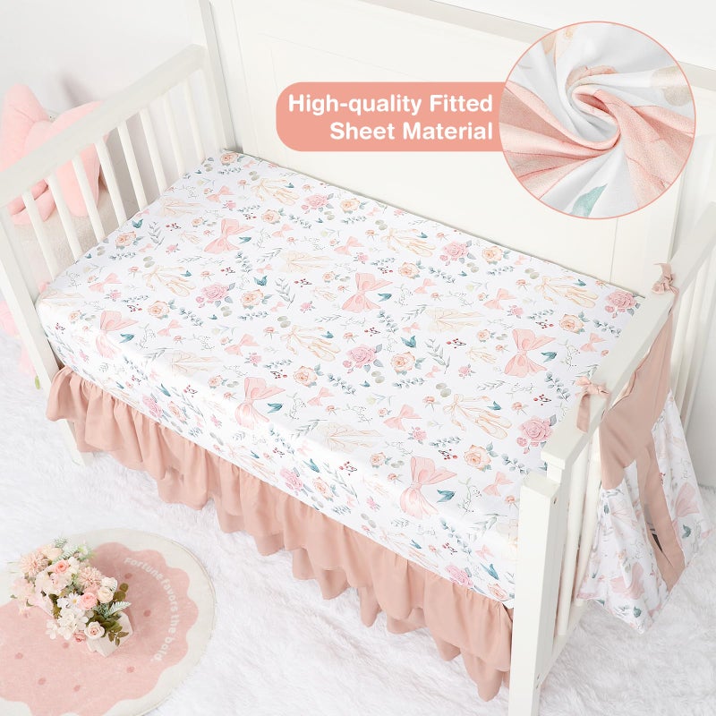 GFU Crib Bedding Set for Girls 4-Piece, Bow Baby Girl Crib Bedding Set Pink Flowes, Nursery Sets Includes Comforter, Fitted Crib Sheet, Crib Skirt, and Diaper Stacker - Image 5